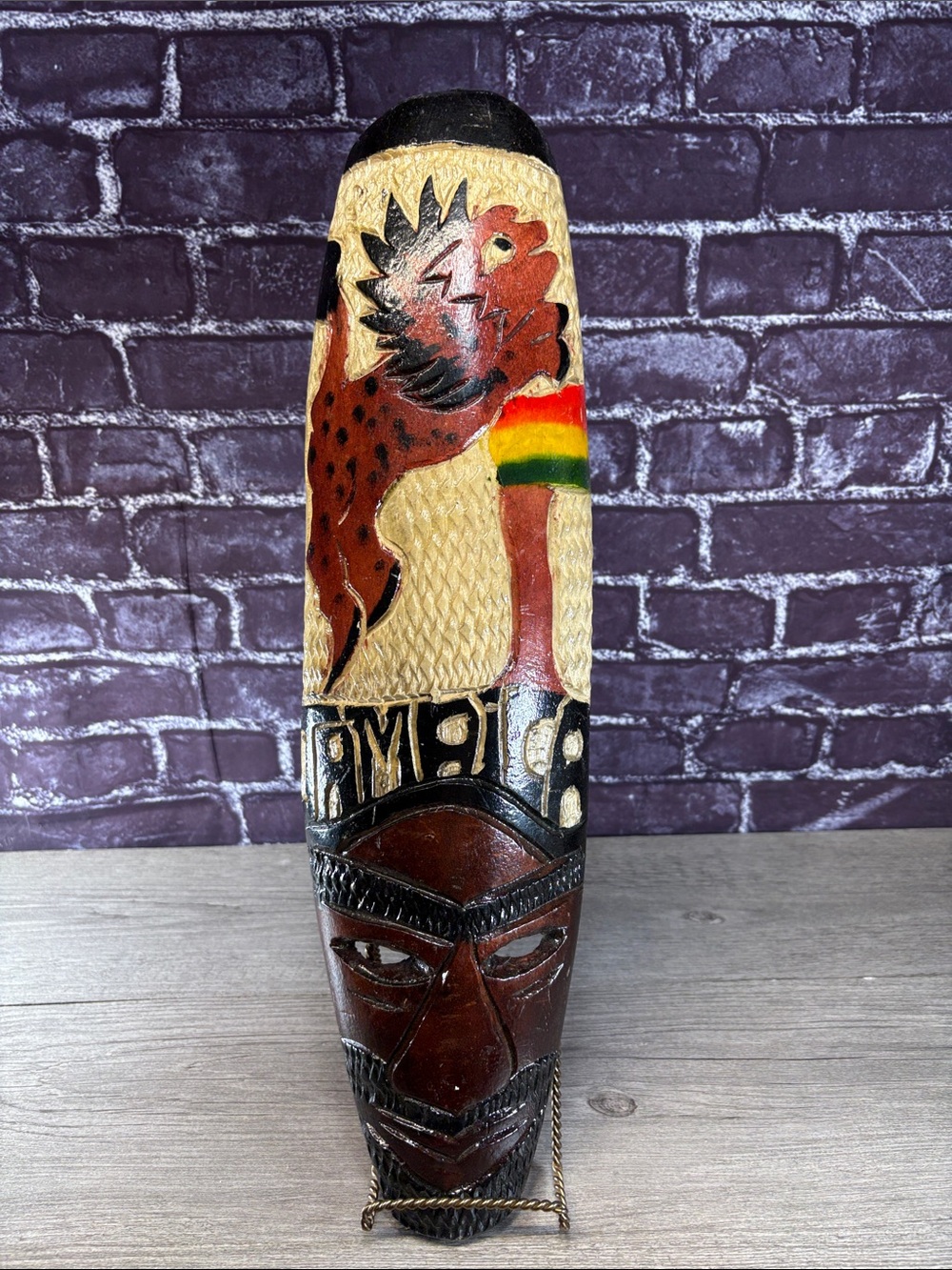 Hand-Carved Wooden Jamaican Mask Wall Decor with Colorful Lion Motif